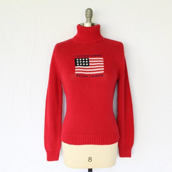Ralph Lauren POLO Red embroidered flag American turtleneck tunic sweater RRL L - Picture 4 of 9
